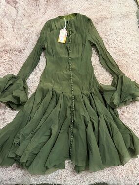 Sunfere Long Sleeve Flared Hem Midi Dress — Olive
